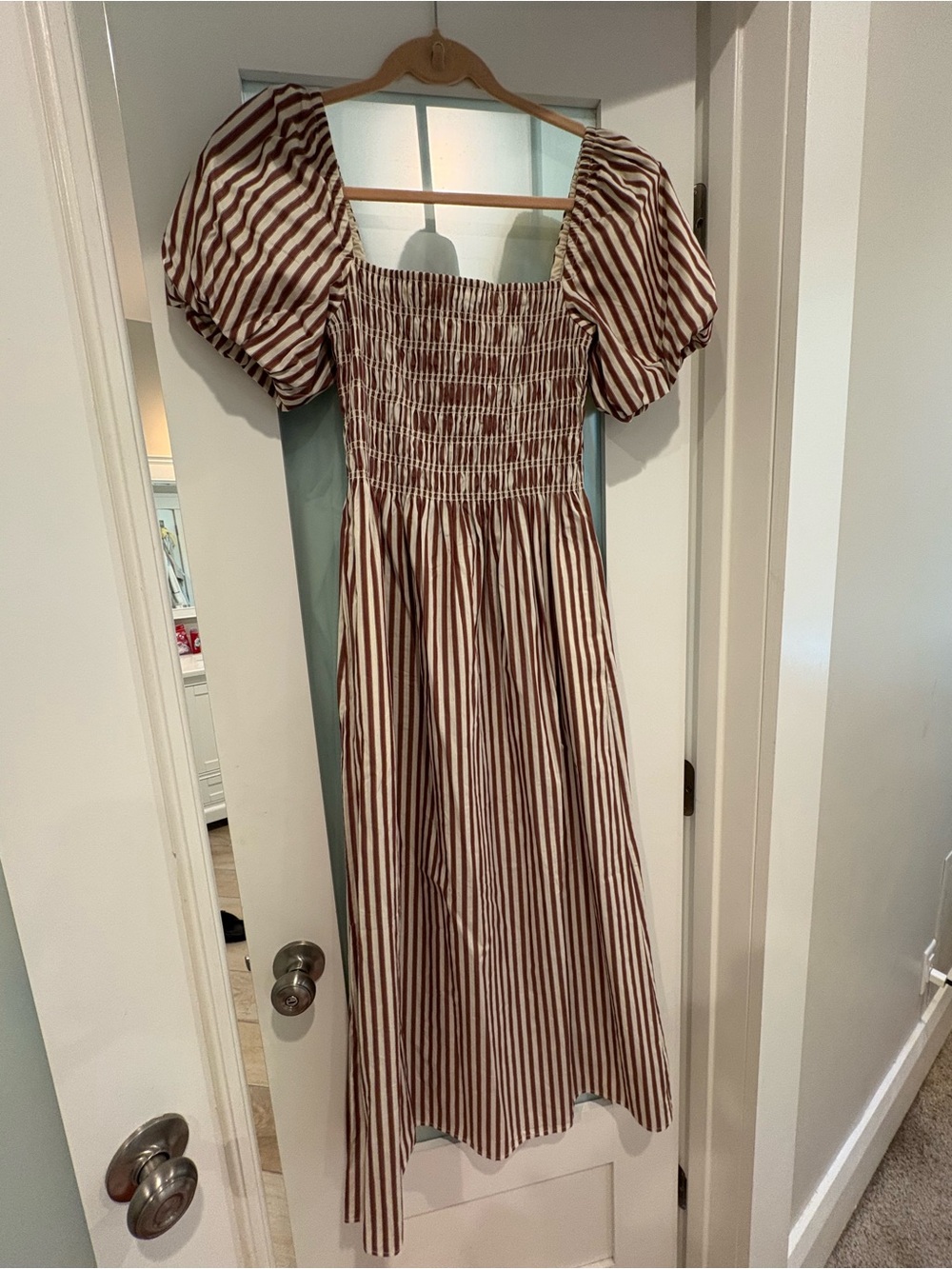 Hill House Julia Dress Brown and Cream Smocked Bodice Striped Dress